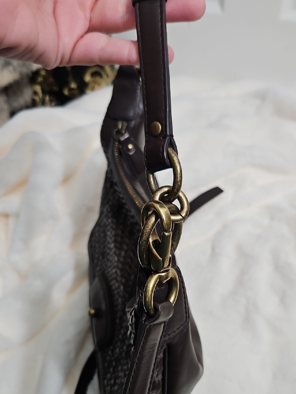 Coach Kristen Woven Leather Crossbody Bag Brown | Turnlock Flap - Picture 8 of 13